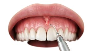 Digital image of a dental laser releasing a lip-tie